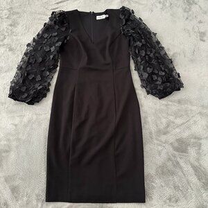 Eliza J Textured 3D Floral Sleeve Black V-Neck Dress Women's size 8